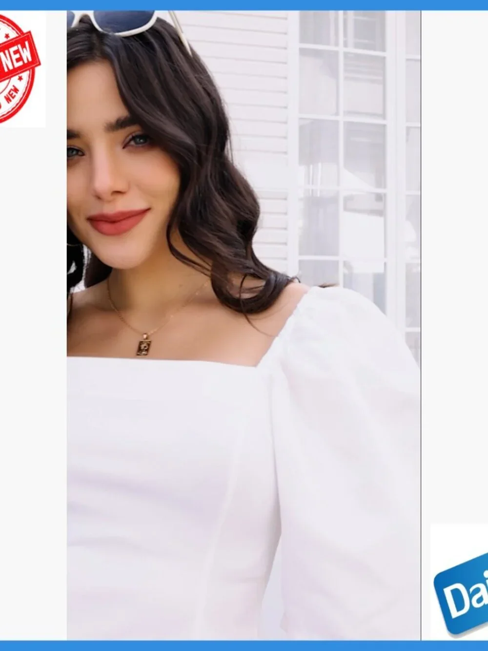 White Square Neck Puff Sleeve Crop Top Blouse Slim Fit Polyester